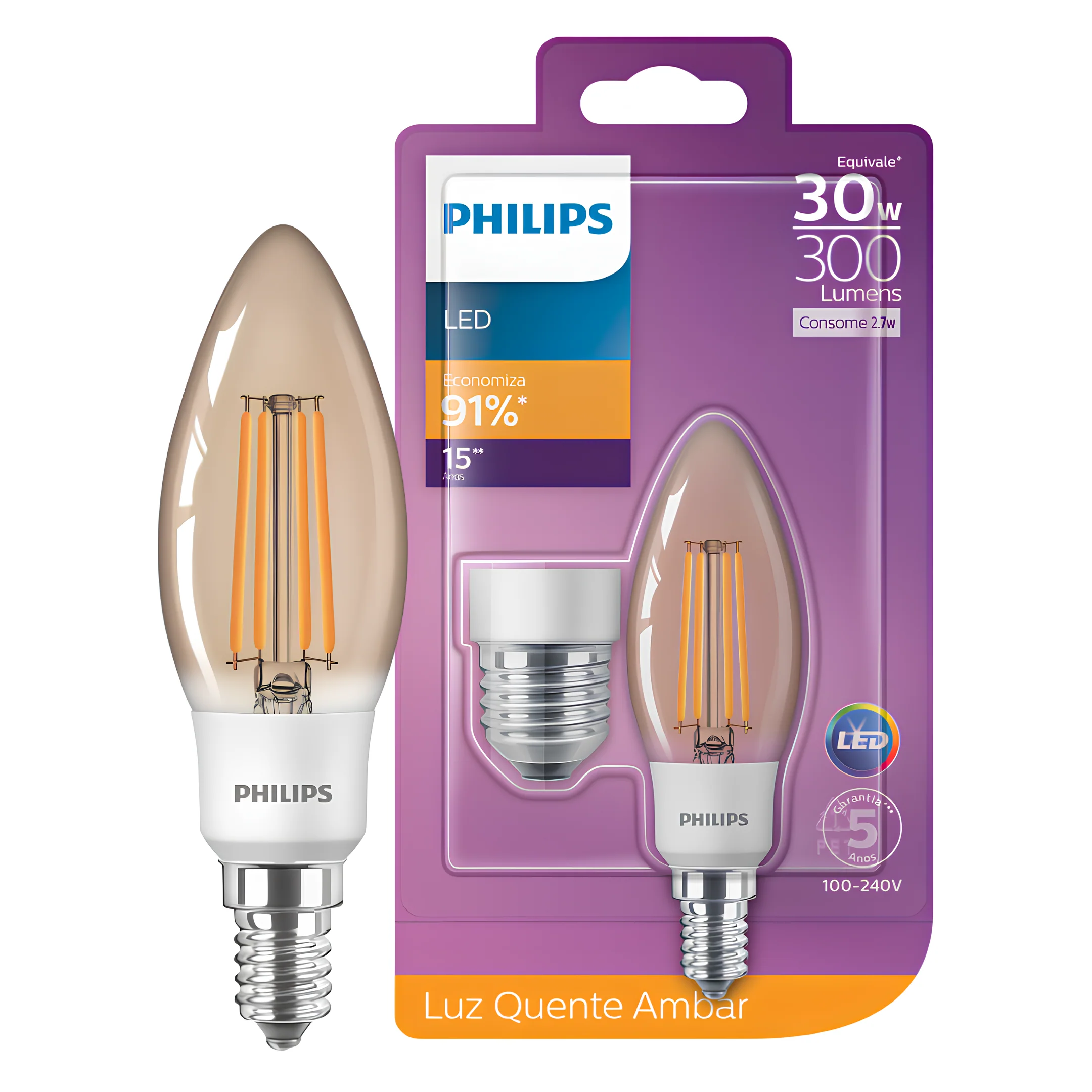 Lampada Led Vela Filamento 2,7W 2500K 300Lm 280° Philips - Image 5