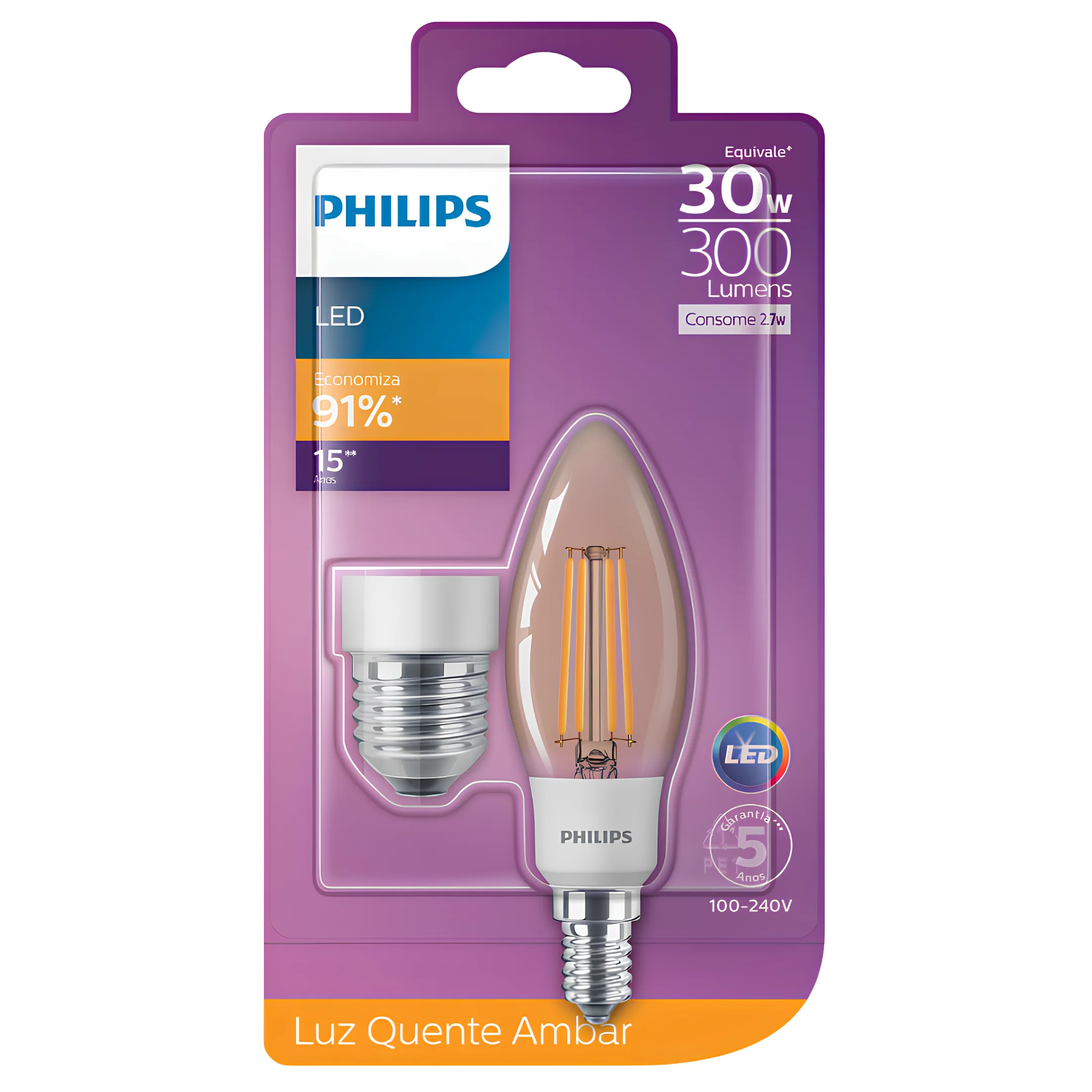 Lampada Led Vela Filamento 2,7W 2500K 300Lm 280° Philips - Image 7